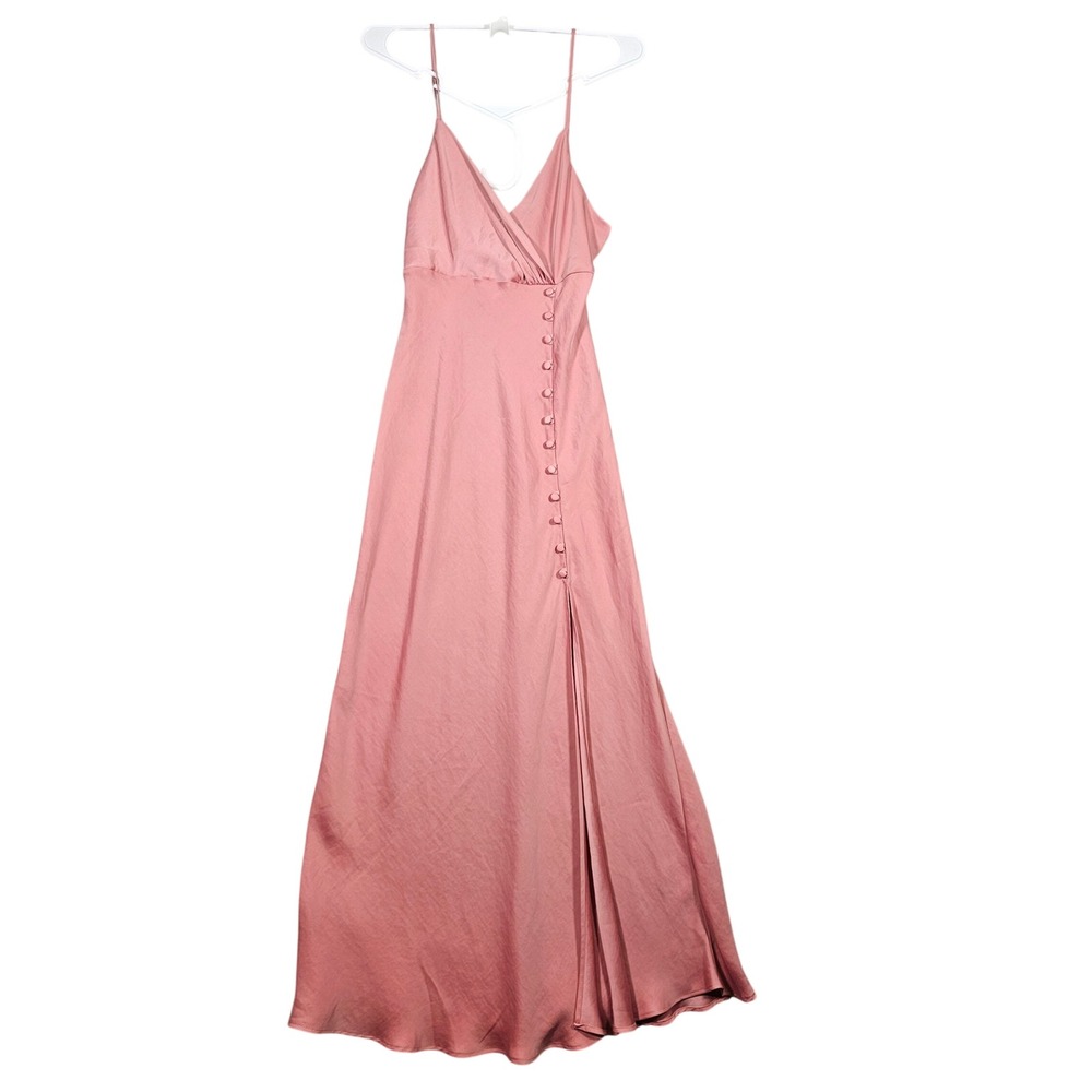 ZARA Rose Pink Satin Maxi Dress Surplice V-Neck Side Slit Gown Adjustable Straps